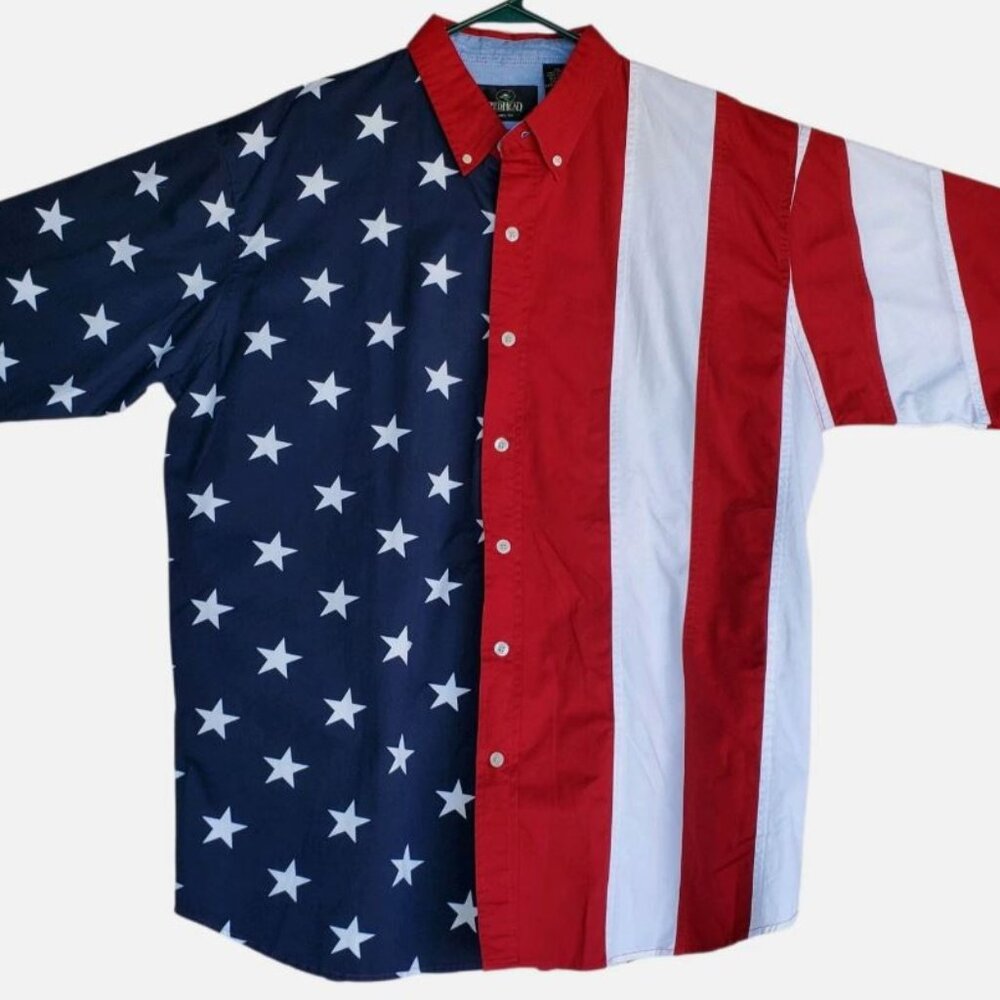 American Flag Shirt Men's XL Patriotic Short Sleeve Button Down 4th July RedHead